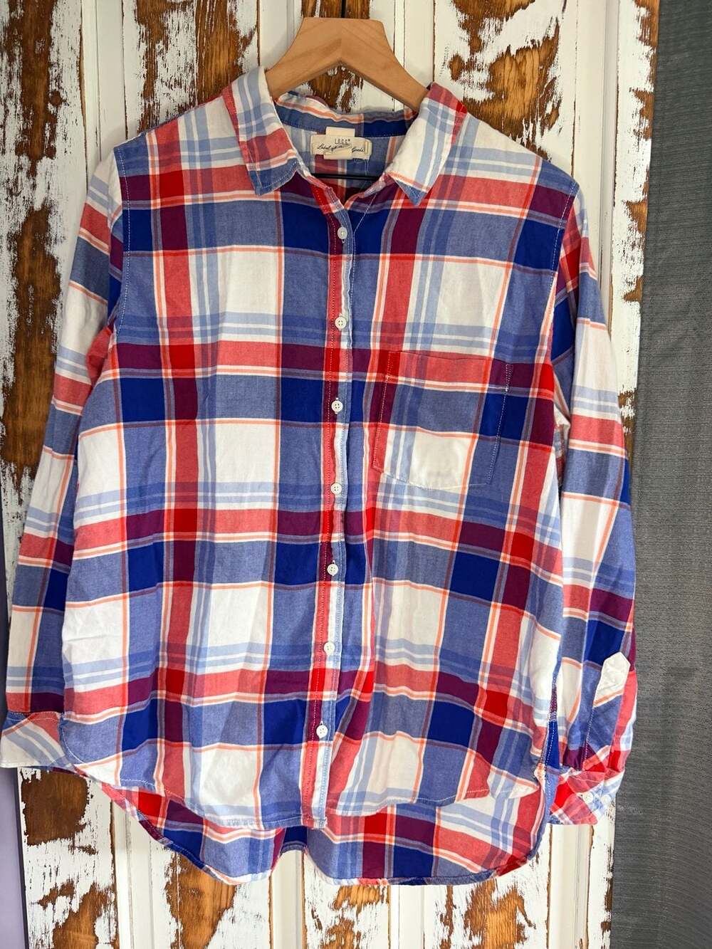 L.O.G.G. Womens Red Blue Plaid Long Sleeve Button Down Flannel Shirt Size 14